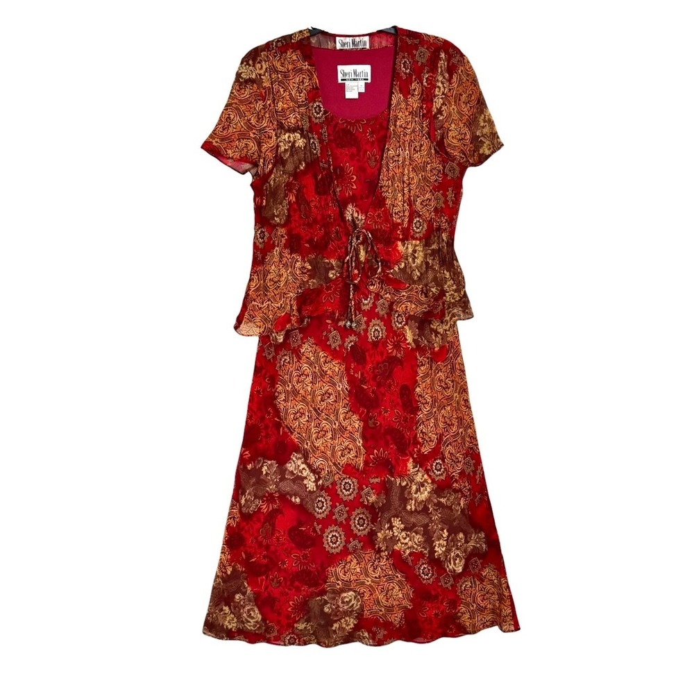 Vintage Sheri Martin 2 Pc‎ Vest Chiffon Midi Dress Set 14 Boho Southwestern Folk